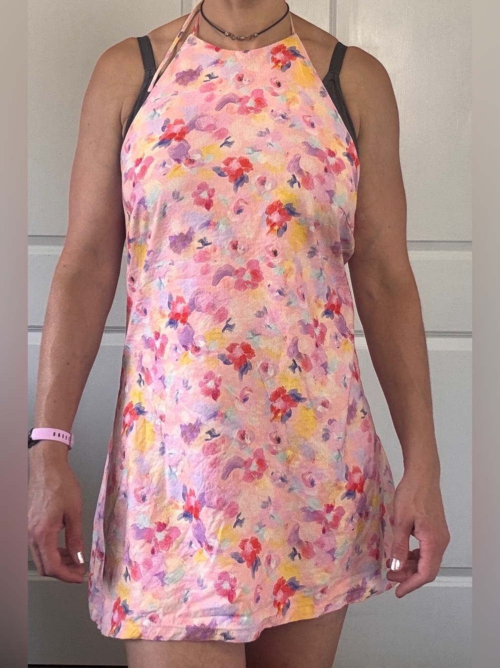 Lulus Pink Purple Floral High Neck Low Back Halter Mini Dress 100% Cotton XL